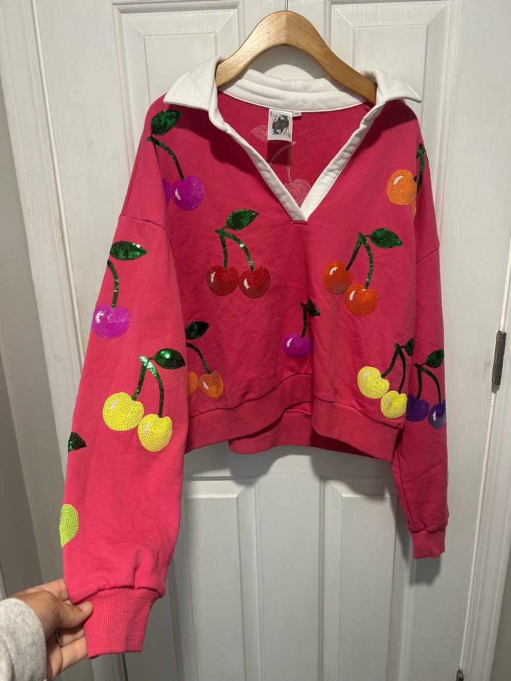 QUEEN OF SPARKLES Hot Pink Collared Cherry Sequin Sweatshirt